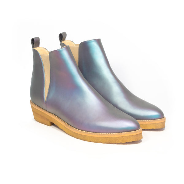 Chelsea Style Ankle Boot in Matte Iridescent vegan leather, almond pointy toe, elastic on sides with natural rubber crepe sole.
