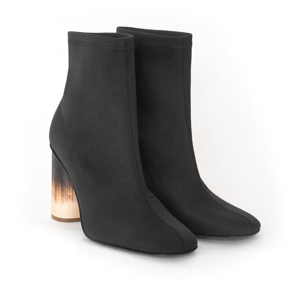 Scuba Sock Boot, high-tech knit upper in Black, high round heel in shou sugi ban.