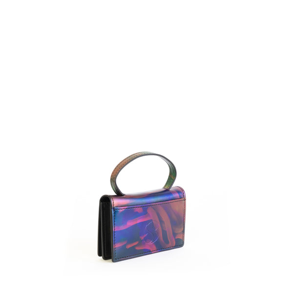 Microbag wallet with handle and an interior and exterior card slot. Iridescent Print faux-leather. Angle