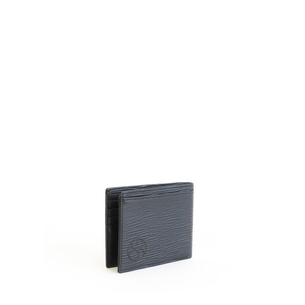 Unisex bifold wallet, practical and timeless. Black Emboss faux-leather. Angle