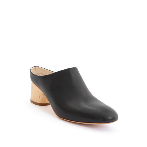 Mule in black eco vegan leather, almond toe with a natural wood mid-heel.