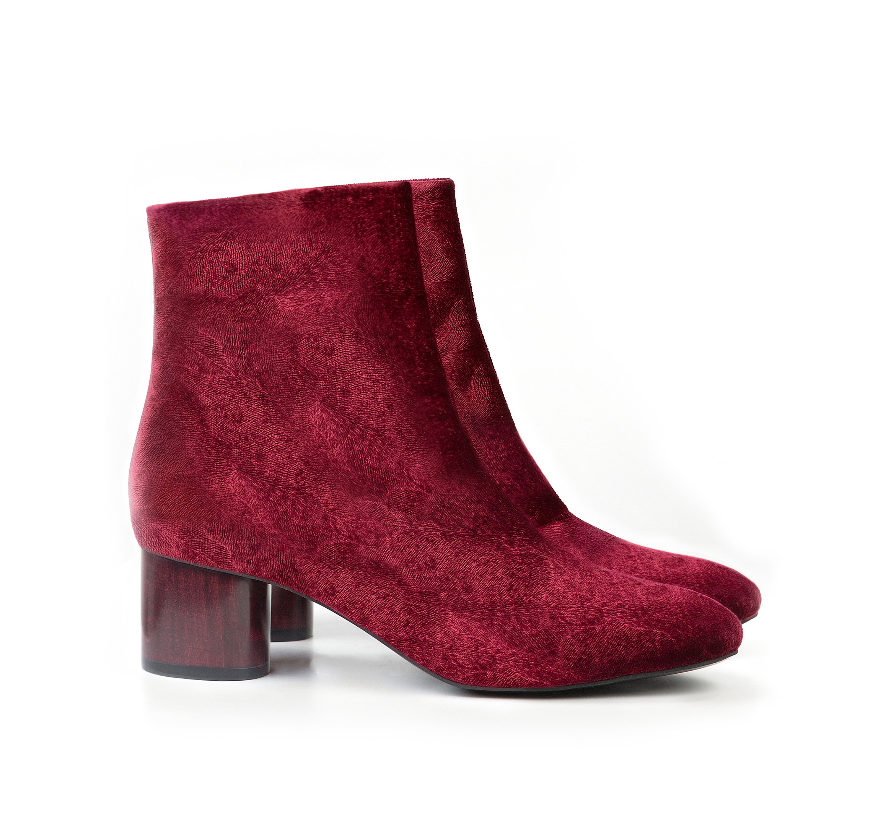 Low Ankle Boot in Wine Velvet. Vegan Luxe Ethical Footwear by Sydney Brown. Black Sustainable Wood Heels. Sustainable & Ethical. Cruelty-Free. Autumn Winter style.
