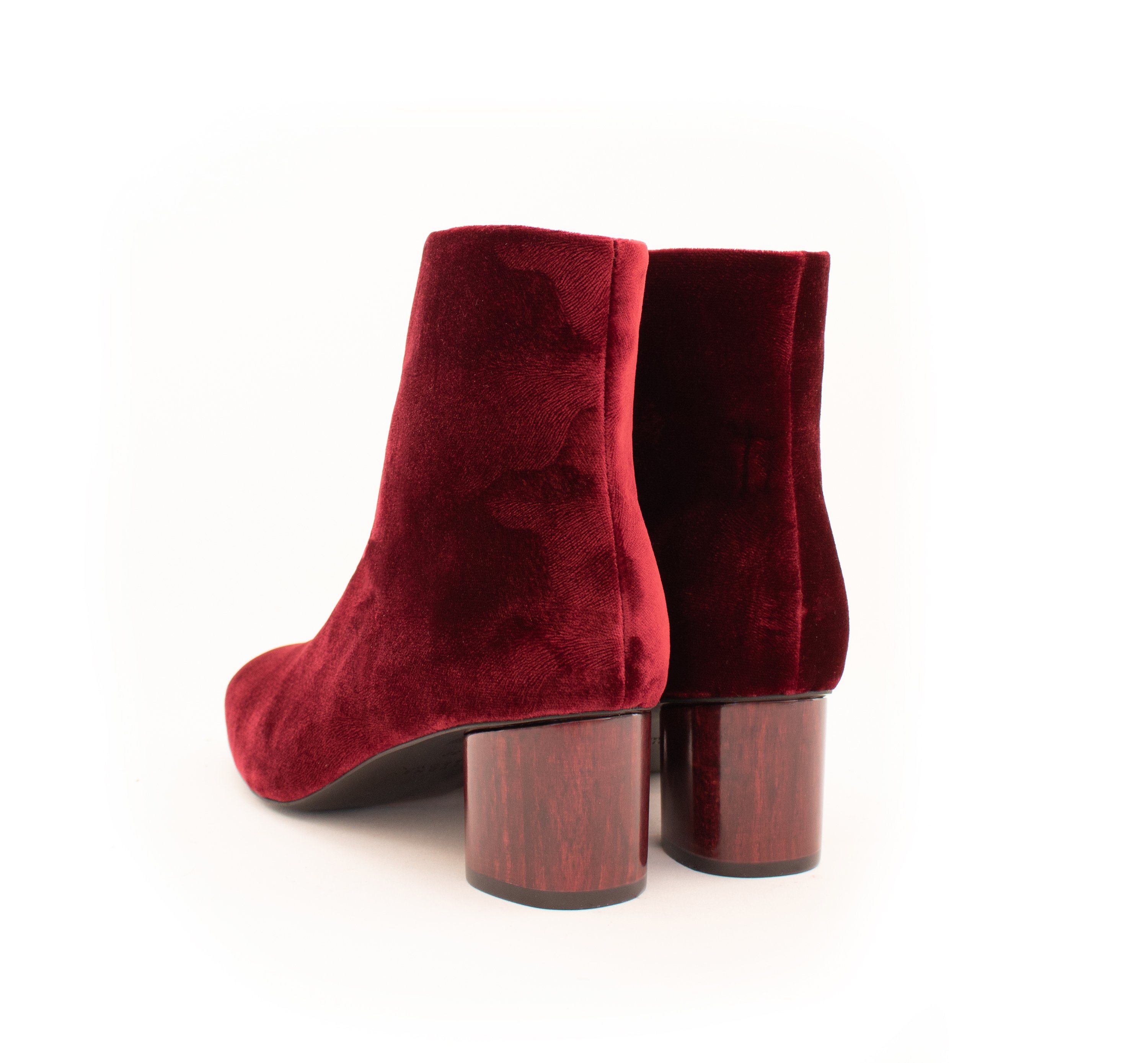 Low Ankle Boot in Wine Velvet. Vegan Luxe Ethical Footwear by Sydney Brown. Black Sustainable Wood Heels. Sustainable & Ethical. Cruelty-Free. Autumn Winter style.